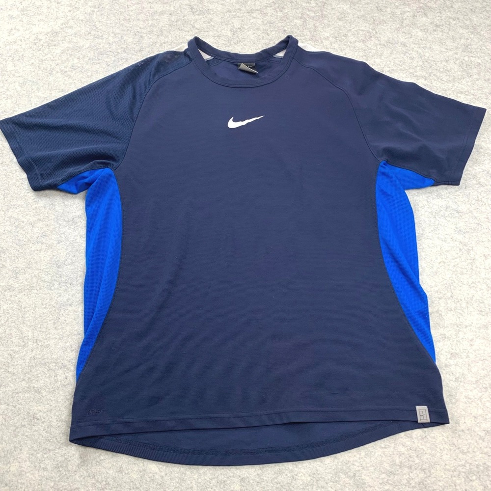 Nike Dri-FIT Men XL Navy Blue Mesh Panel Short Sleeve Activewear Tee Shirt Gym